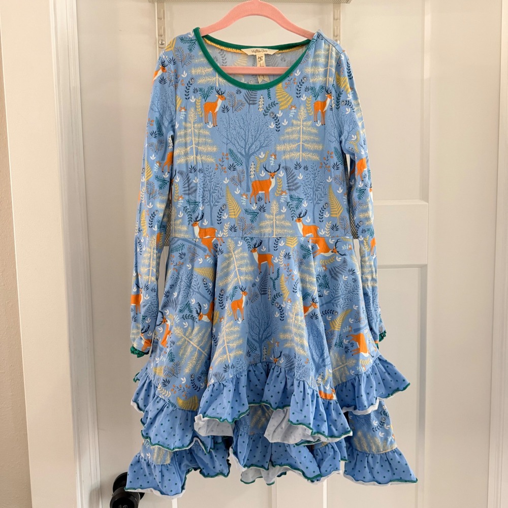 Matilda Jane Girls Neck of the‎ Woods Blue Deer Print Ruffle Dress Size 8